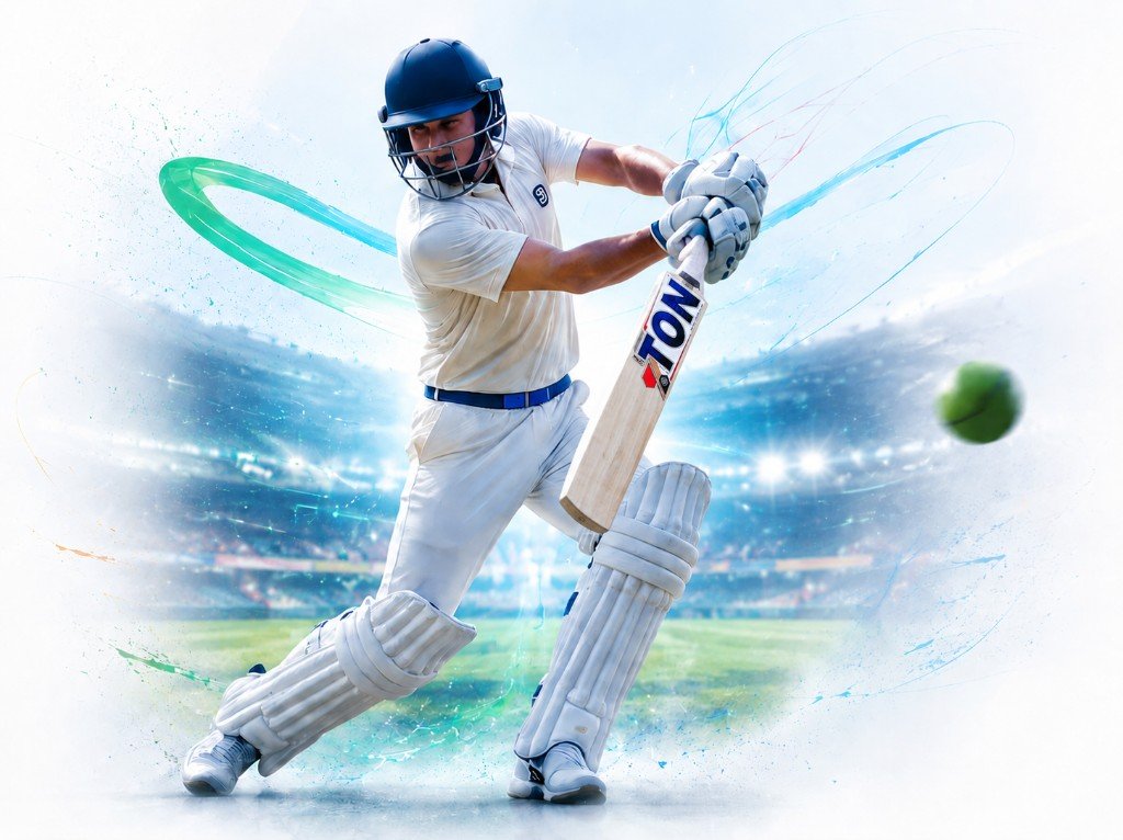 Cricket batsman in a dynamic stroke with AI motion analysis effects